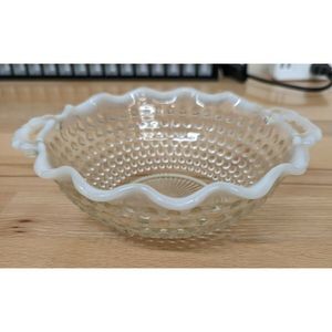 Fenton Hobnail Moonstone Opalescent 6.5" Compote with Ruffle Handles Candy Dish